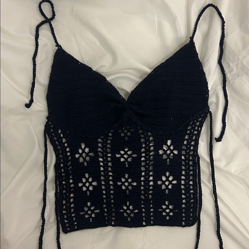 EDIKTED Tie Open Back Navy Crochet Top